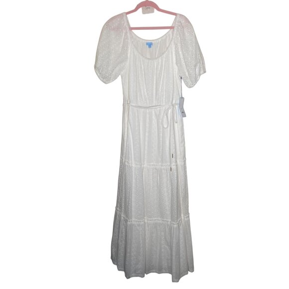 NEW Draper James‎ Maxi Dress Womens Size L White Eyelet Tiered Puff Sleeves - Picture 1 of 13